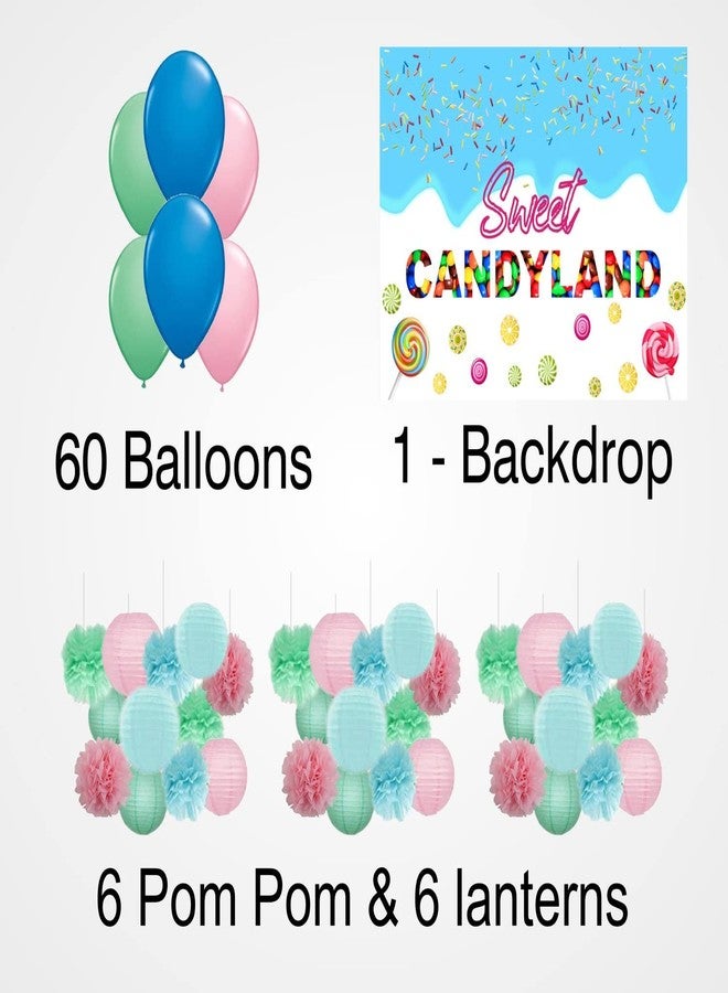 Theme My Party Combo Kit -Candy Land Decoration Kit with Backdrop,Balloons and Pom Pom/Lanterns (6ft X 4ft) - Image 2